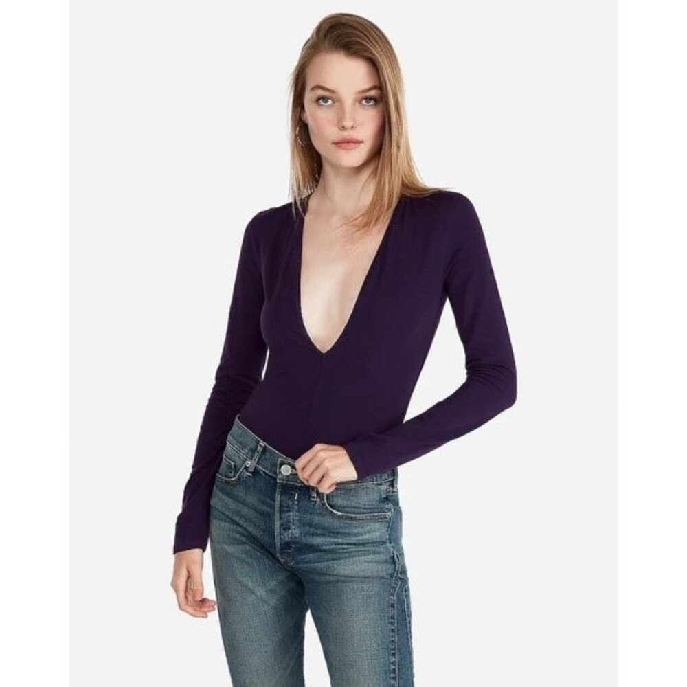 Deep V-Neck Long Sleeve Bodysuit - Purple